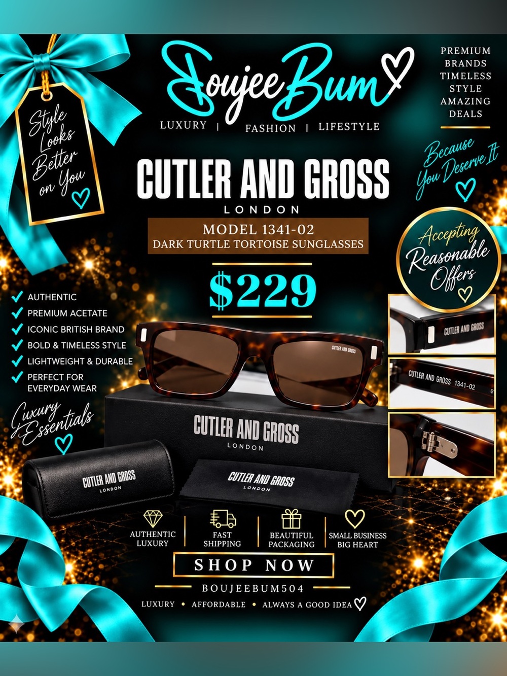 NEW Cutler & Gross 1341-02 Dark Turtle Tortoise Sunglasses